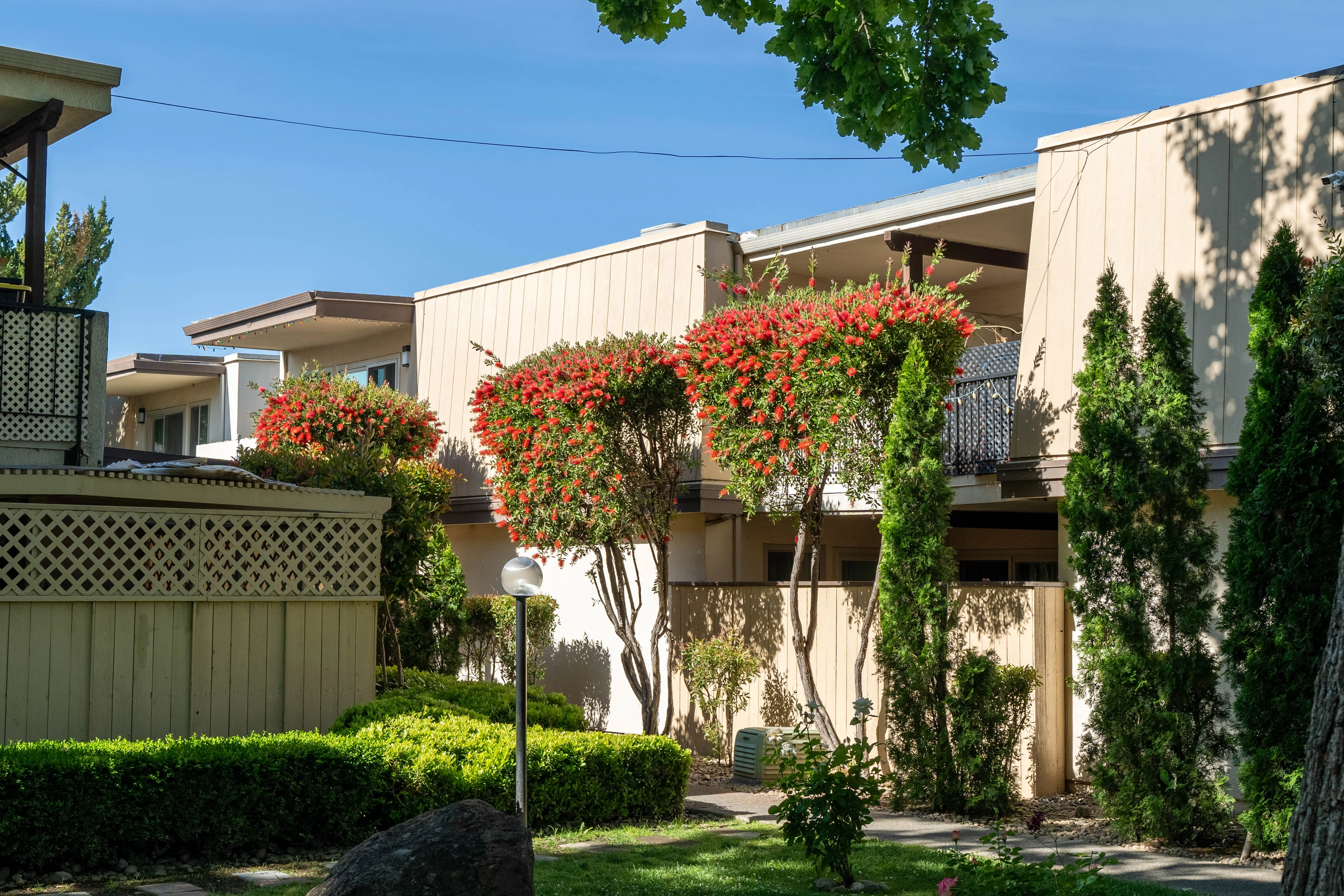 A serene view of an apartment complex surrounded by lush greenery and colorful shrubs.