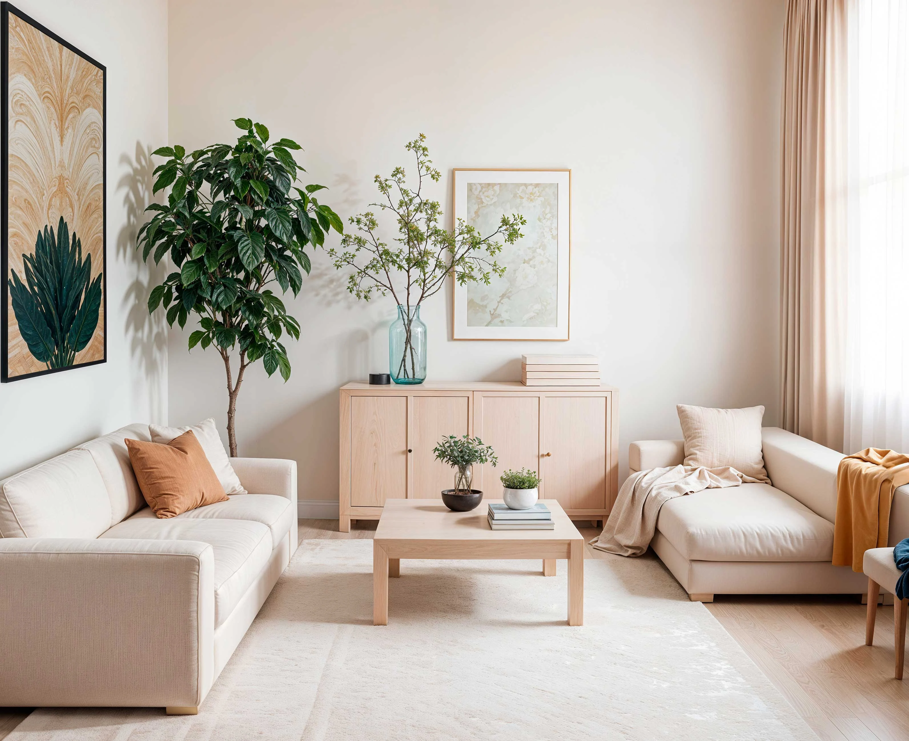 Modern Living Room Design A bright and modern living room featuring two light-colored sofas, a wooden coffee table, and a plant. There is a framed artwork on the wall, and a large window with soft curtains allows natural light to fill the space.