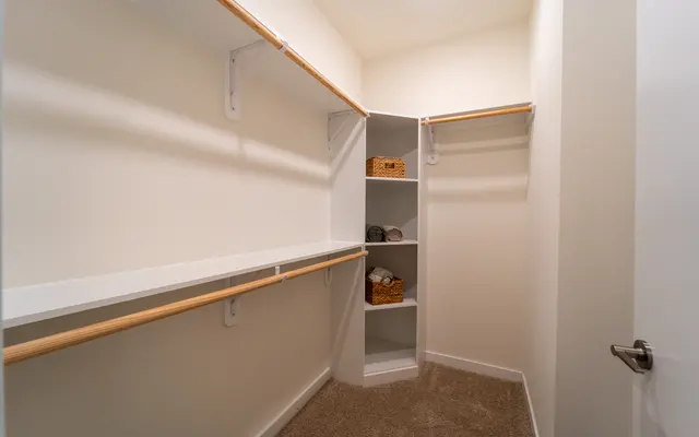 Spacious Walk-In Closet A spacious walk-in closet with white walls, light carpet, and wooden hanging rods. There are built-in shelves in one corner, featuring woven baskets. The closet has an organized and minimal aesthetic.