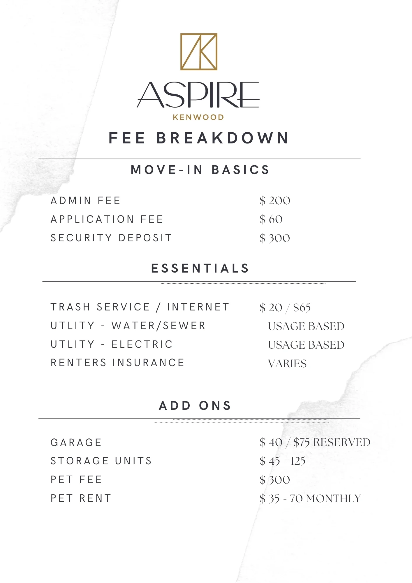 Fee breakdown document for Aspire Kenwood showing various fees associated with move-in basics, essentials, and add-on services.