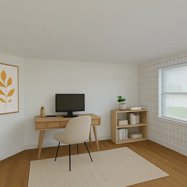 Modern Home Office Interior A modern home office featuring a wooden desk with a computer and a small decorative plant. There is a beige chair and a light-colored rug underfoot. A tall bookshelf with some books and decorative items is against the wall, alongside a large window with blinds.