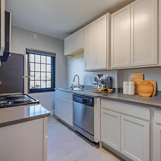 A modern kitchen featuring light grey cabinets, stainless steel appliances, and a window providing natural light. The countertop is sleek and includes kitchen accessories and a potted plant.