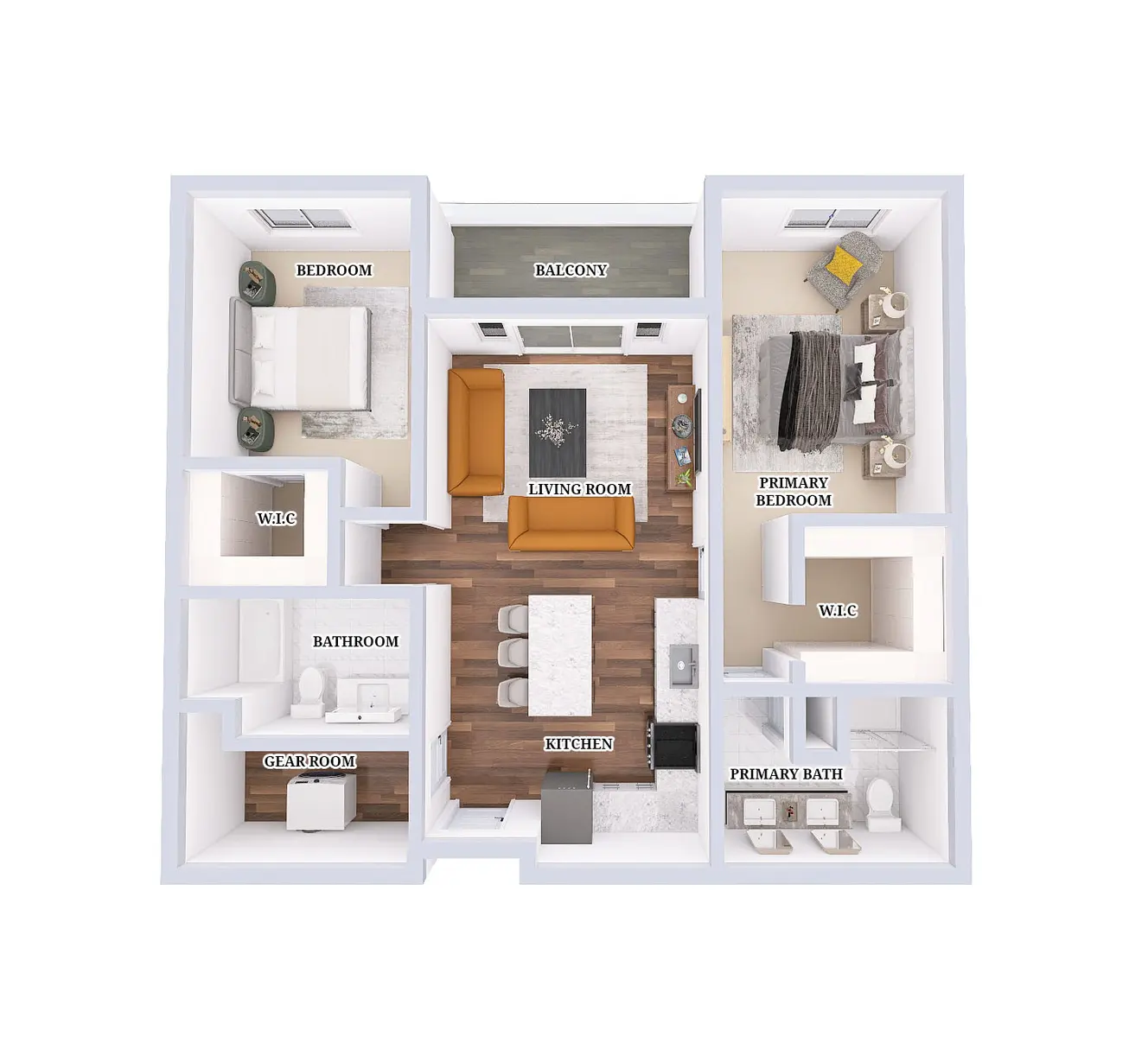 Spacious Apartment Layout Top view of a spacious apartment layout featuring two bedrooms, a living room, a kitchen, a bathroom, a clear room, and a primary bath. There is also a balcony accessible from the living room.