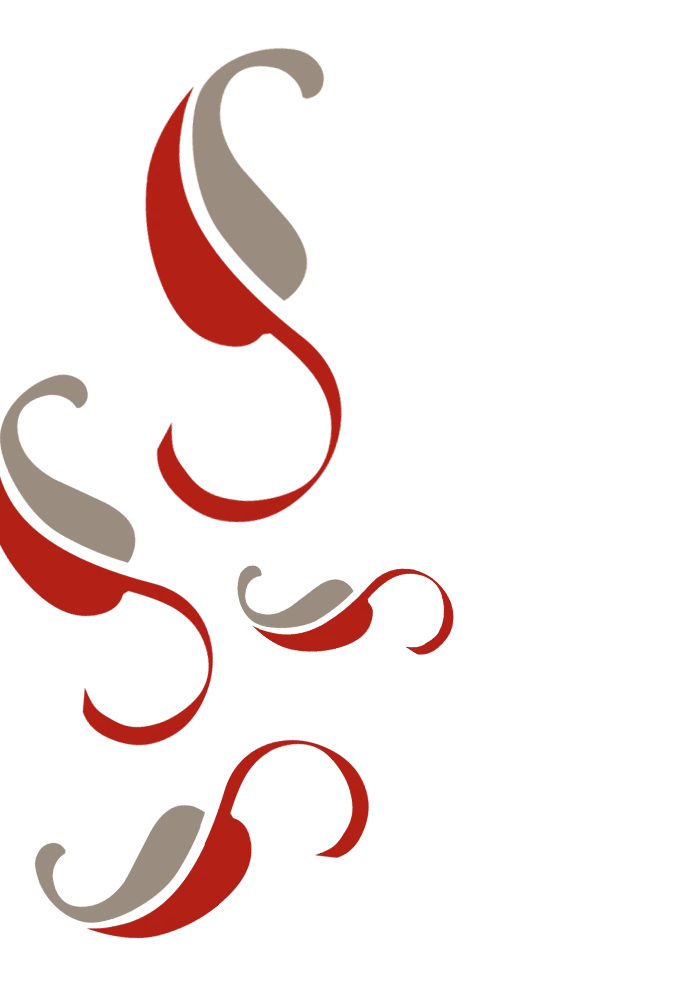 An abstract design featuring swirling shapes in red and beige, arranged in a decorative manner.