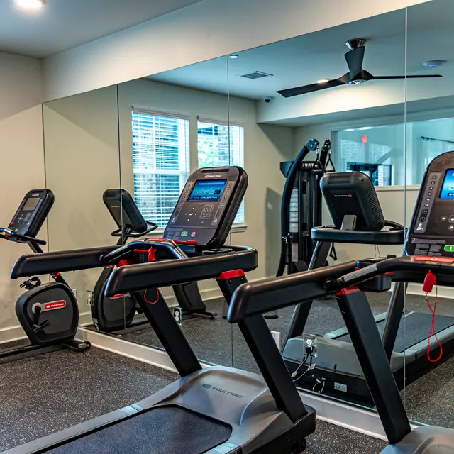A modern gym interior featuring multiple exercise machines. Treadmills and stationary bikes are positioned in front of a large mirror, with windows providing natural light.