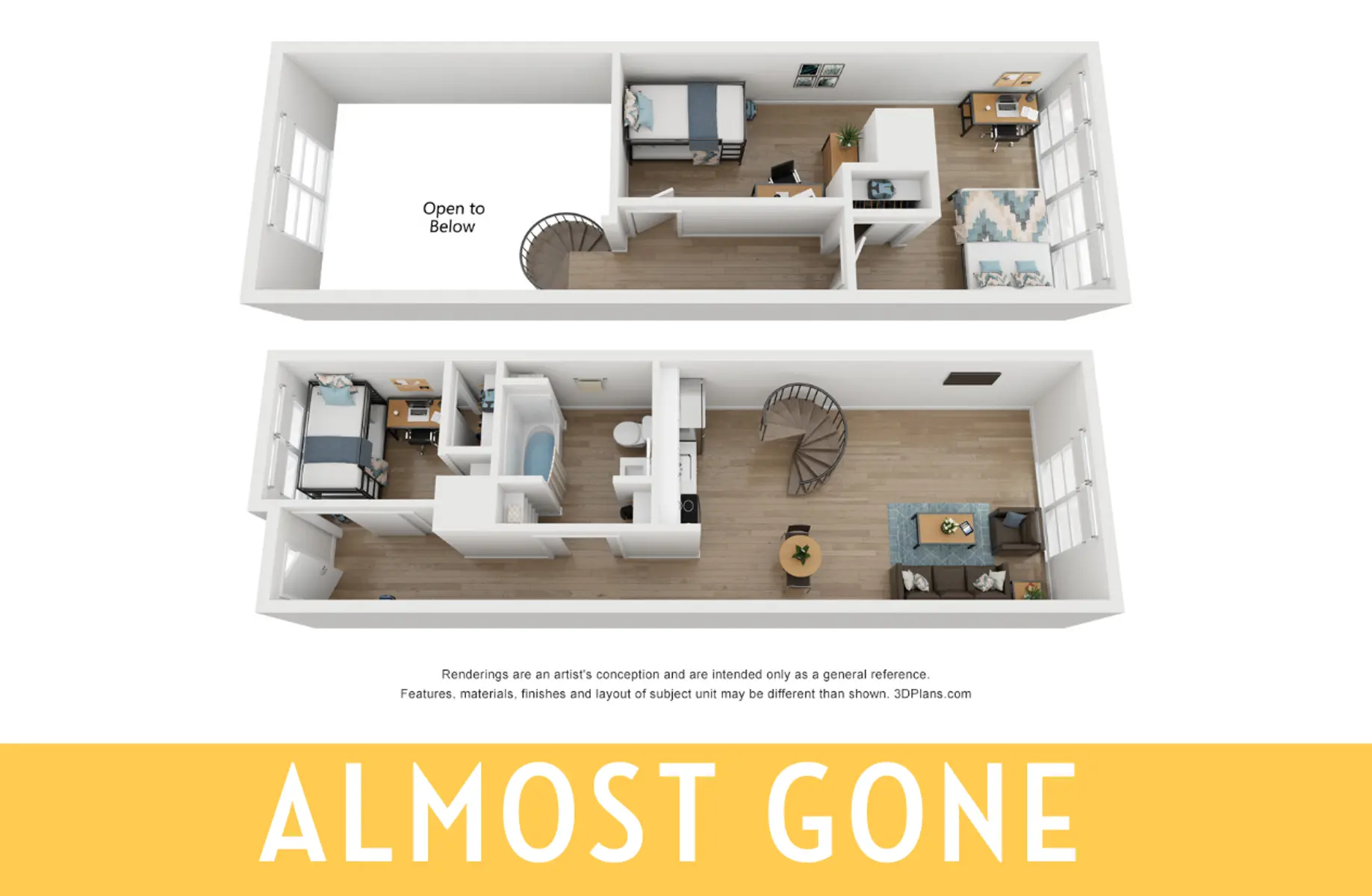 Almost Gone - House Floor Plan A 3D floor plan of a house showing two levels, featuring an open area and various rooms with furniture.