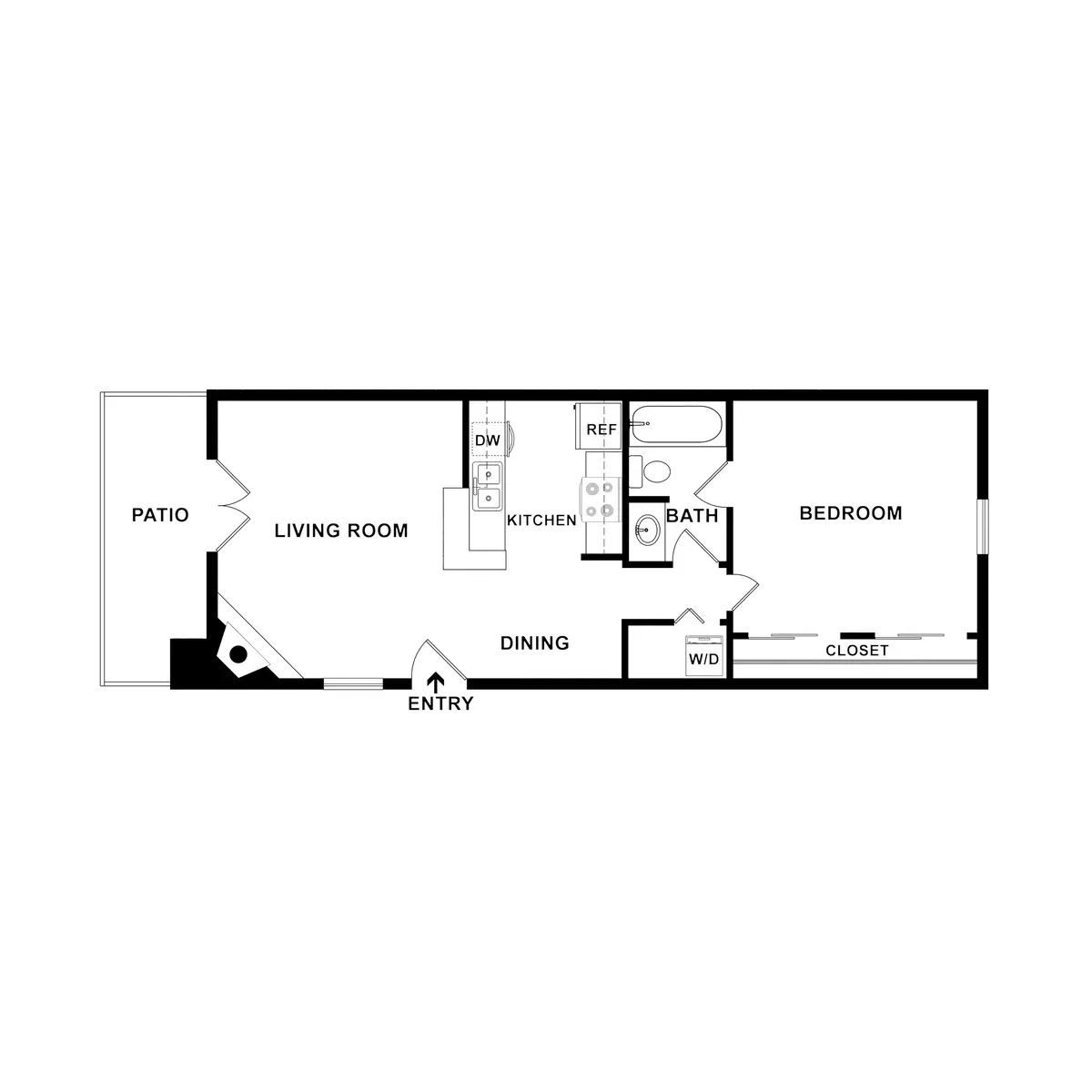A floor plan of a small apartment layout showing a living room, dining area, kitchen, bathroom, bedroom, and patio. Each room is labeled with its function, and there is an entry point to the apartment.