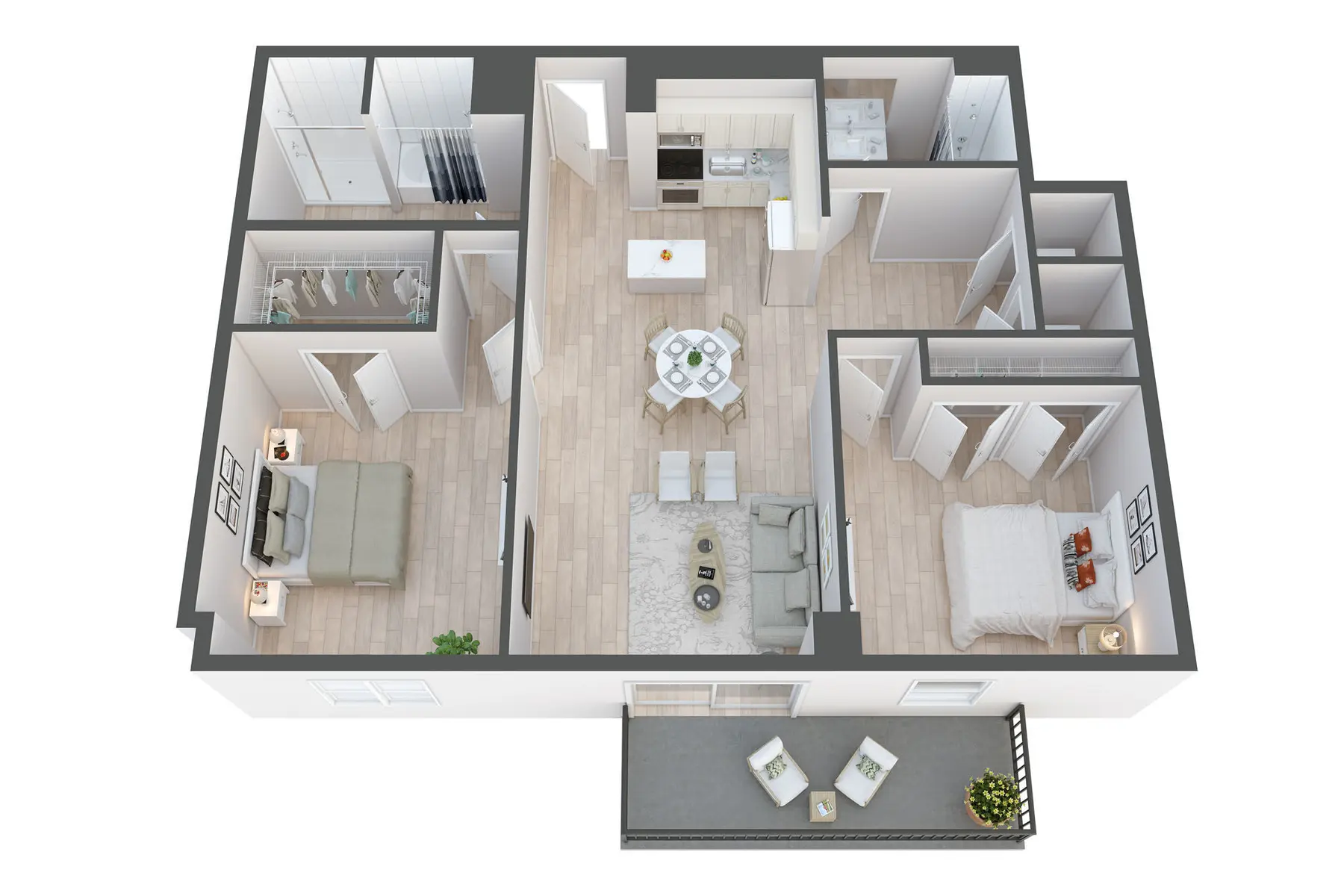 A 3D rendering of an apartment floor plan featuring two bedrooms, a living area, kitchen, and a balcony.