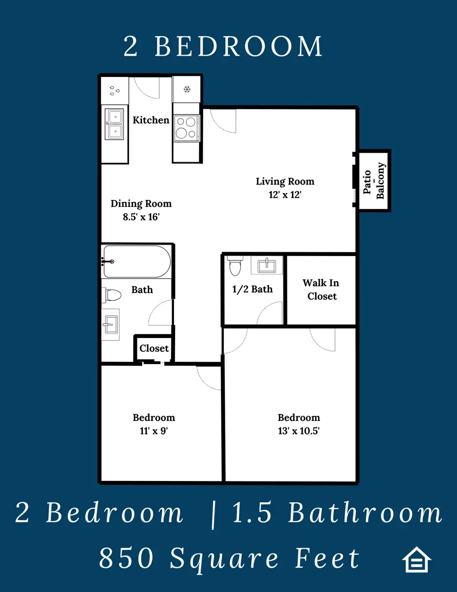 A floor plan for a 2-bedroom apartment featuring a kitchen, living room, dining room, two bedrooms, 1.5 bathrooms, a walk-in closet, and a patio balcony. The total area is 850 square feet.