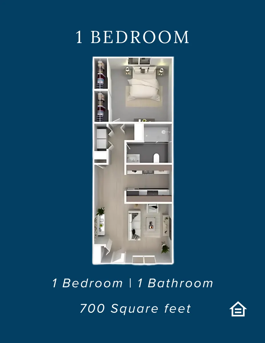 A floor plan layout for a one-bedroom apartment featuring a bedroom, bathroom, kitchen, and living areas.