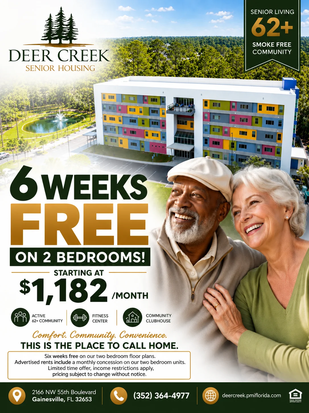Promotional flyer for Deer Creek Senior Housing featuring a senior couple smiling, the exterior of the building, and details about a special offer for two-bedroom apartments.