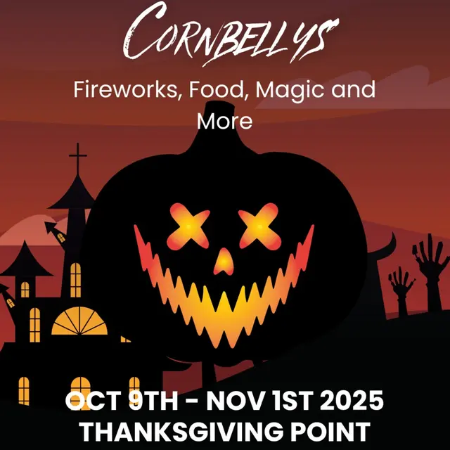 Cornbellys Event 2025 Promotional image for Cornbellys event featuring a spooky jack-o'-lantern, haunted house silhouettes, and text details about the event schedule.