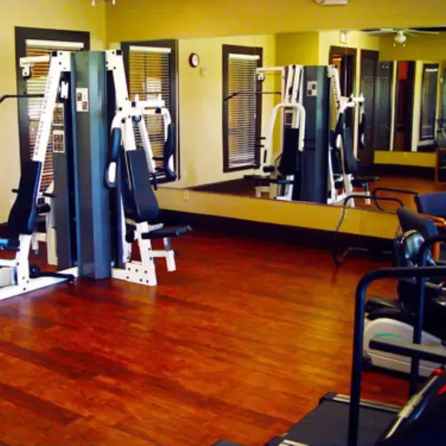 Interior of a gym featuring workout machines and a mirrored wall.