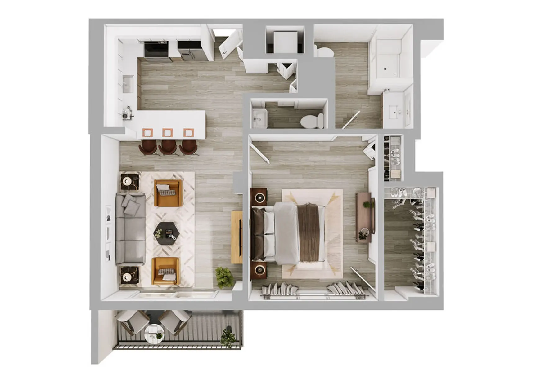 A top view of a modern apartment floor plan, featuring a living room, kitchen, dining area, bedroom, bathroom, and balcony.
