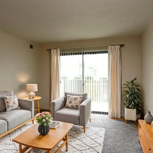 A cozy modern living room featuring a gray sofa with floral cushions, an armchair, a wooden coffee table, and a TV on the wall. Natural light floods in from sliding glass doors with curtains, and a green plant is positioned beside a white planter.