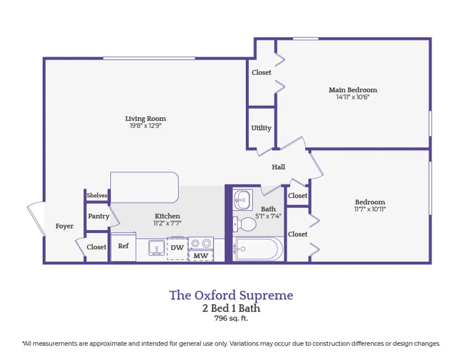 Floor plan of a two-bedroom, one-bath apartment layout.