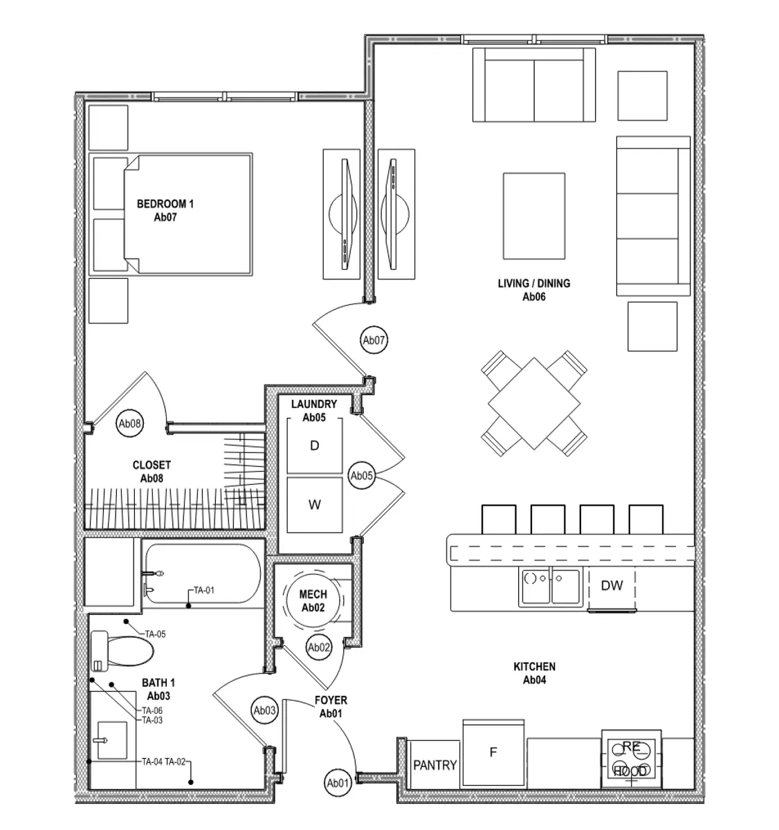 A floor plan layout of a residential apartment, detailing rooms such as living/dining area, kitchen, laundry, bedroom, closet, bathroom, and foyer.