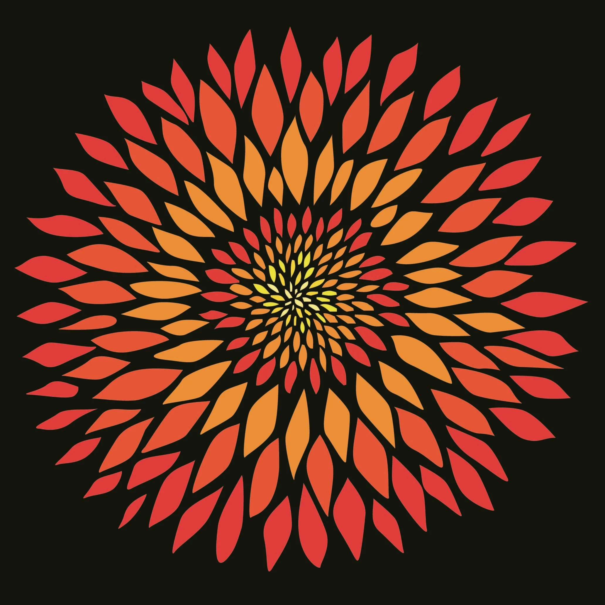 Radiant Flower Pattern A stylized flower pattern radiating from the center with orange and red leaf-like shapes against a black background.