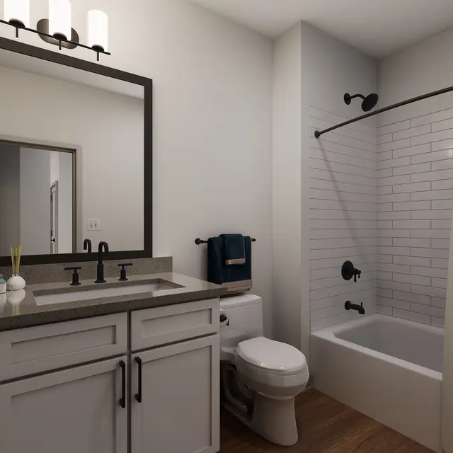 A sleek modern bathroom featuring a mirror above a dual-sink vanity with dark handles, a white toilet, and a bathtub with a tiled wall. A shower curtain is drawn to one side, and the floor is wooden.