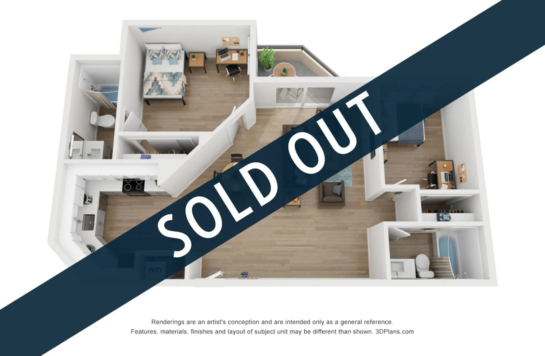3D floor plan of a residential unit with the text 'SOLD OUT' over it.