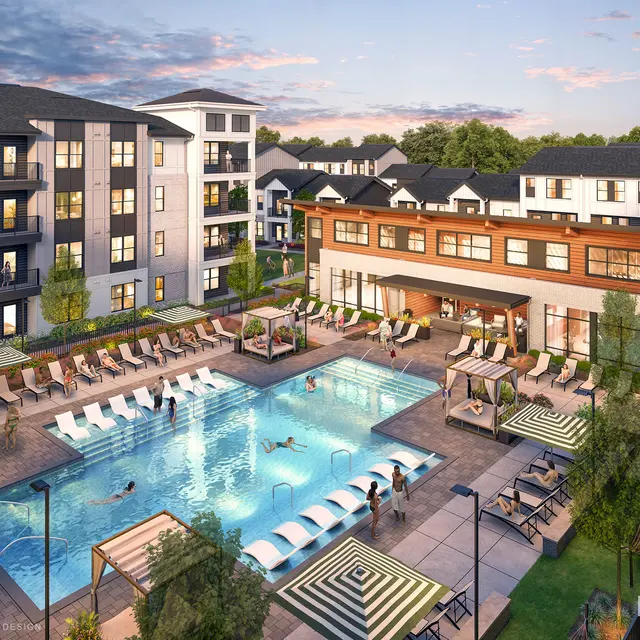 A modern apartment complex featuring a large swimming pool surrounded by lounge chairs and cabanas, with several buildings in the background.