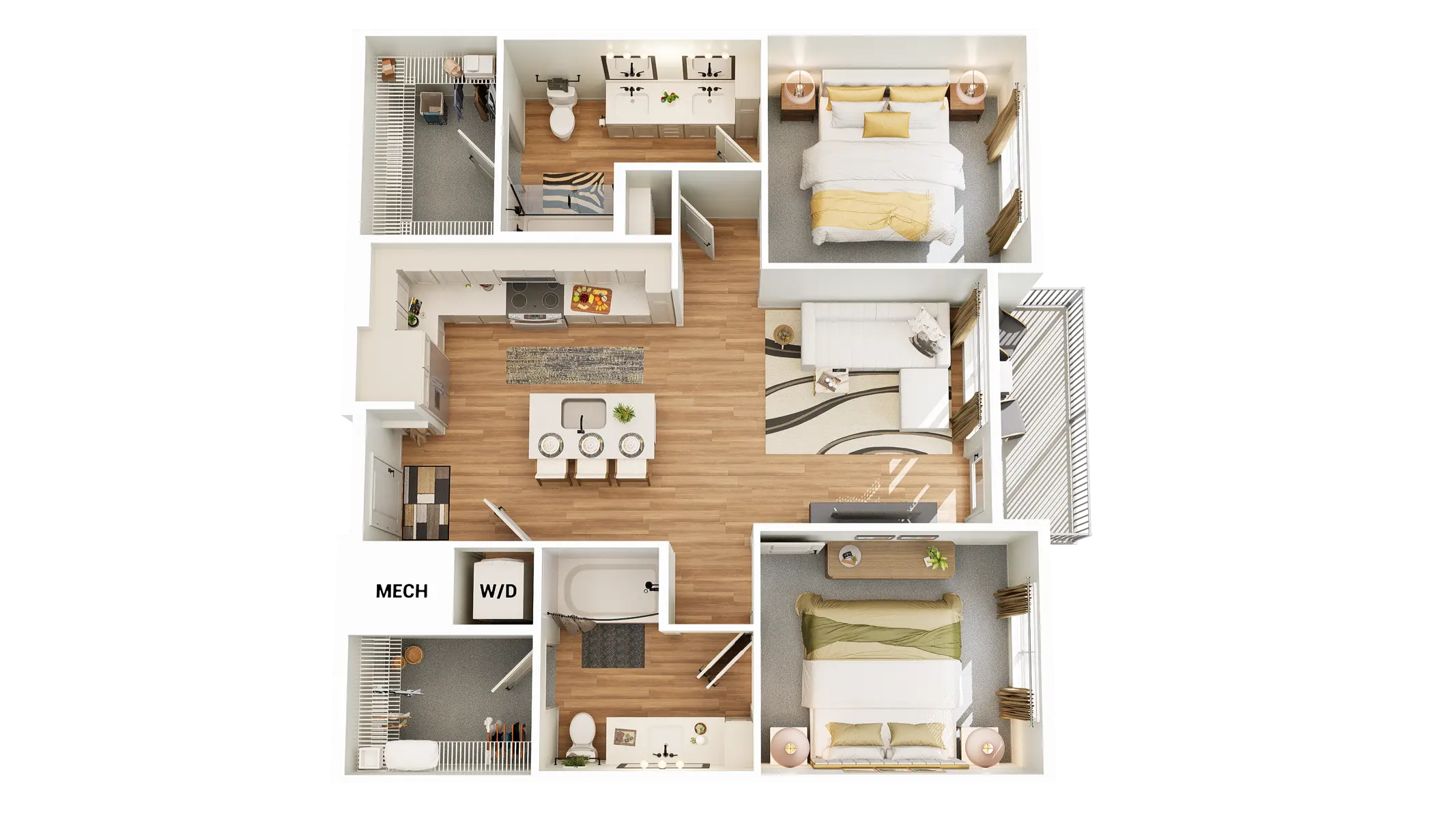A top-down view of a two-bedroom apartment floor plan, showcasing the layout of rooms including a living area, kitchen, dining space, and bathrooms.
