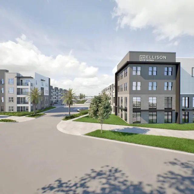 Modern Apartment Complex A modern apartment complex featuring multiple building styles, with two multi-story buildings on the left and a prominent building labeled 'ELLISON' on the right. The scene is bright, with a blue sky and scattered clouds, surrounded by landscaped greenery.