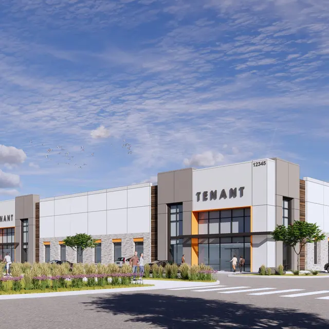 A modern commercial building design featuring a large facade with the word 'TENANT' prominently displayed. The building is set in a landscaped area with greenery and walkways. The sky is partly cloudy, and vehicles are parked in front of the building.