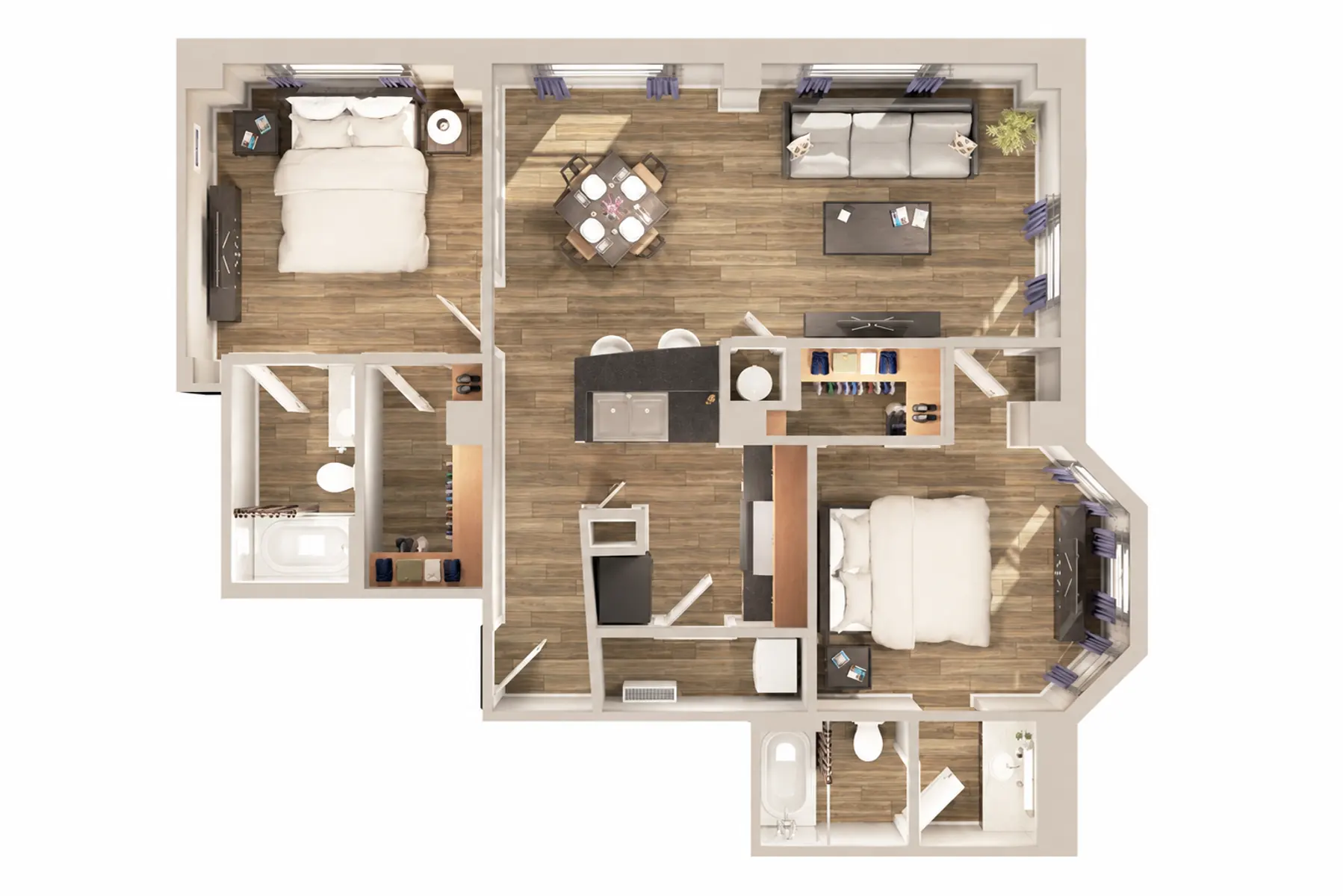 Multi-Room Apartment Floor Plan A detailed architectural floor plan of a multi-room apartment, showing layouts for bedrooms, living room, kitchen, and bathrooms.