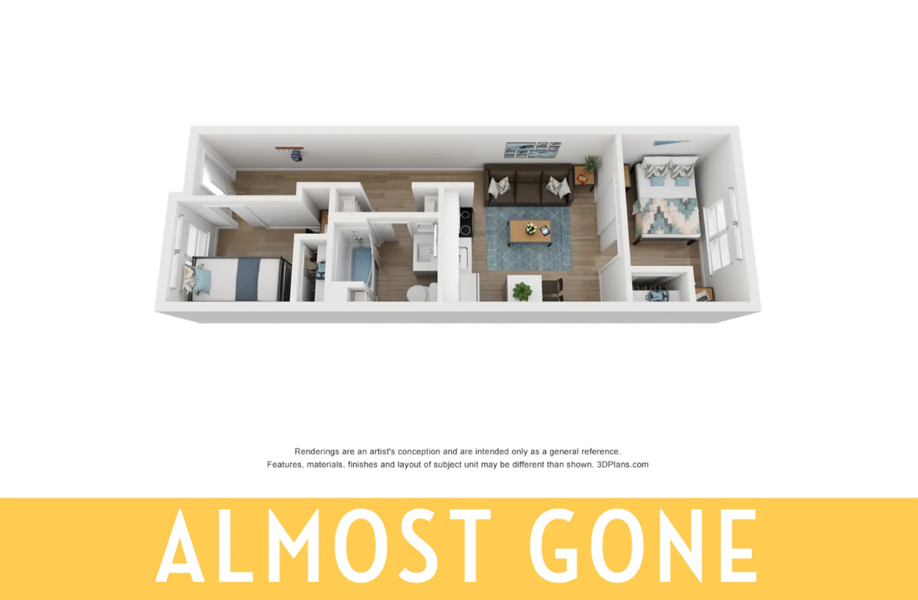 A floor plan layout of a residential unit featuring bedrooms, a living area, and a kitchen area. The design is presented in an isometric view with labeled sections and a prominent note indicating 'ALMOST GONE' at the bottom.