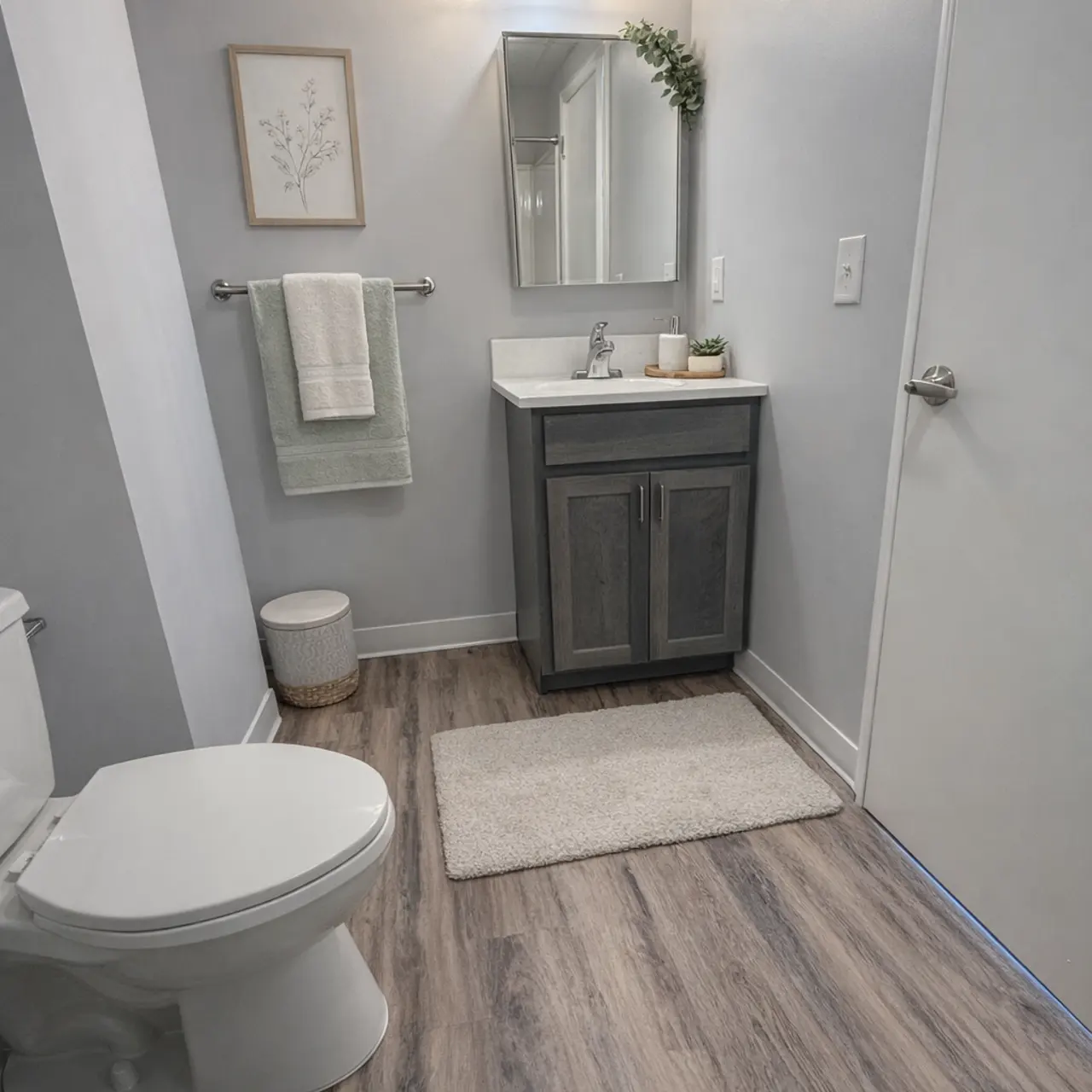 A modern bathroom featuring a toilet, a sink with a cabinet, and a large mirror. The walls are painted light gray and there's a towel rack with towels. A bath mat is on the floor and wooden flooring is visible.