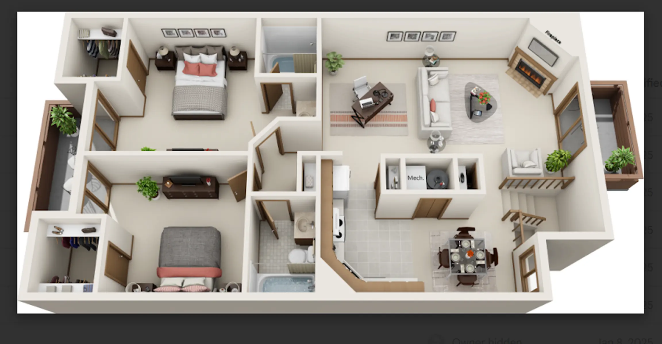 Modern Apartment Floor Plan A 3D floor plan of a modern apartment layout featuring two bedrooms, a living area, dining area, kitchen, and bathroom.