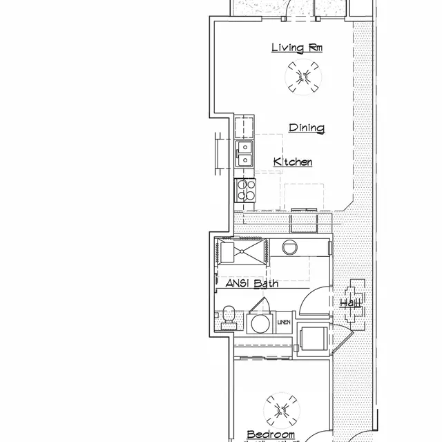 One Bedroom Apartment Floor Plan A floor plan of a one-bedroom apartment showing labeled areas including Living Room, Dining, Kitchen, ANSI Bath, and Bedroom.
