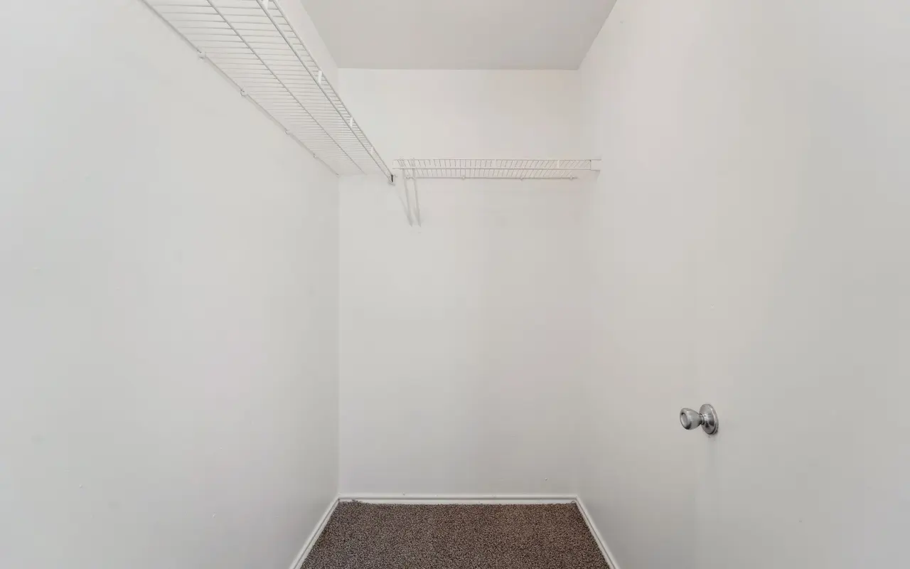 An empty closet with white walls, a carpeted floor, and a wire shelf on one side.