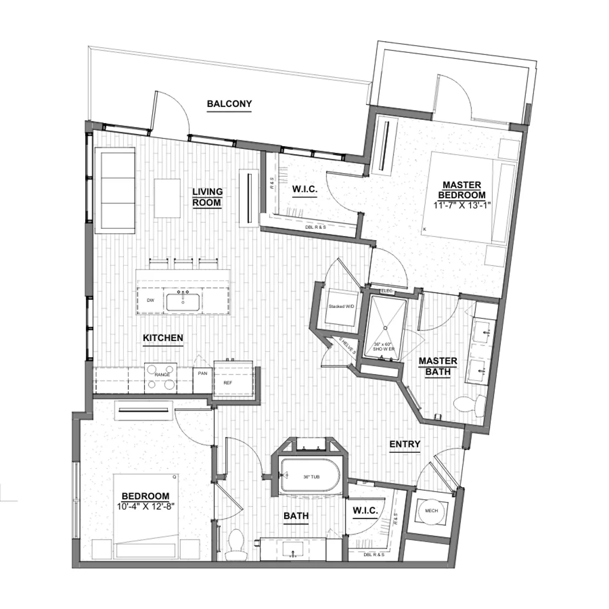 A floor plan of a modern apartment showing a layout with three bedrooms, a kitchen, living room, and balconies.