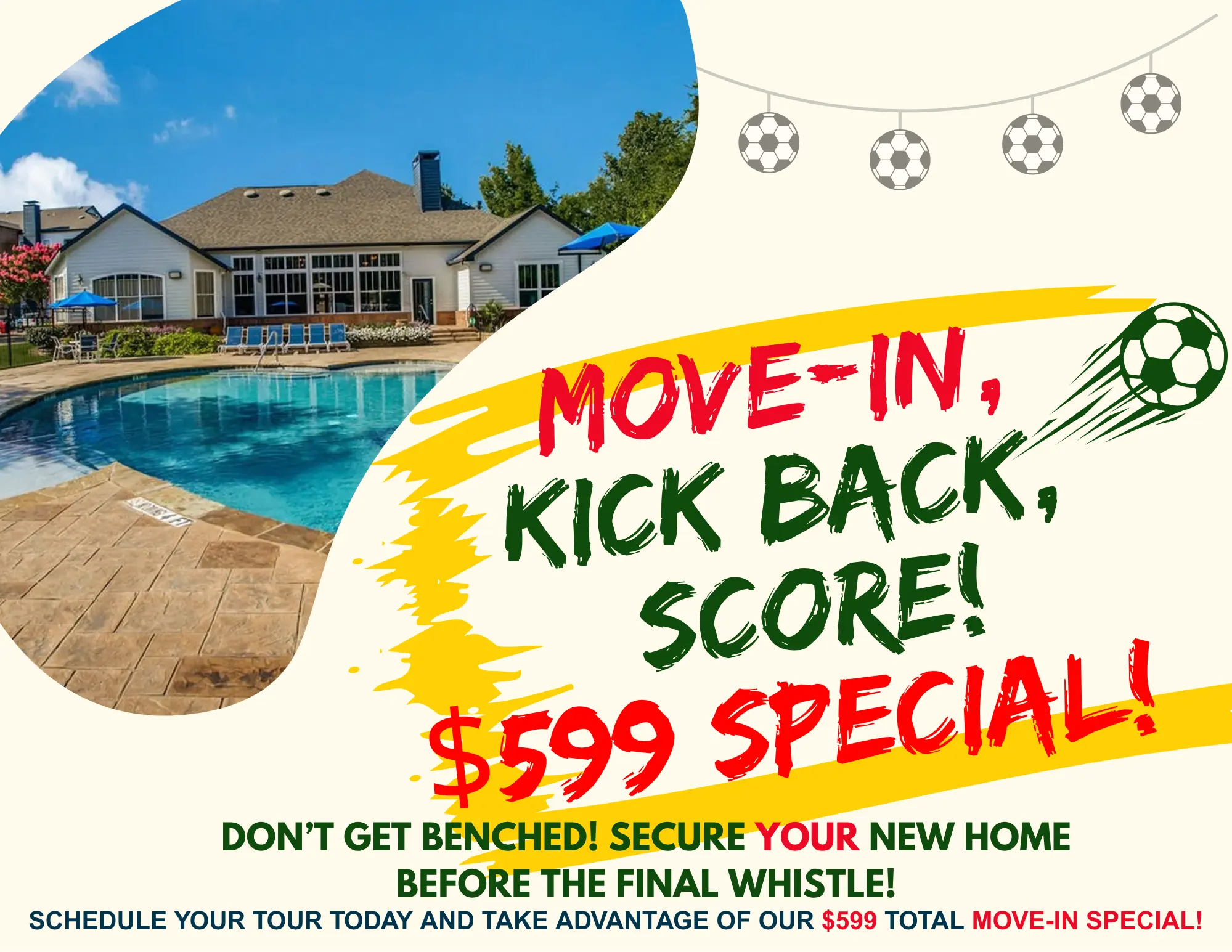 Promotional flyer for a residential move-in special featuring a swimming pool and clubhouse.