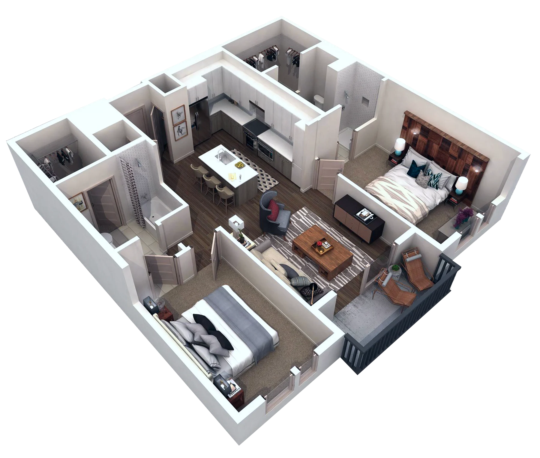 Modern Apartment Layout A 3D architectural rendering of a modern apartment layout featuring a kitchen, dining area, living room, and two bedrooms.