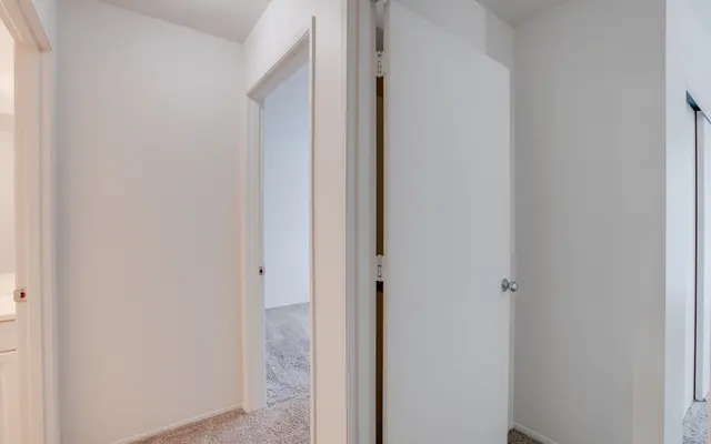 A corridor showing two open doors and a neutral wall with carpet flooring.