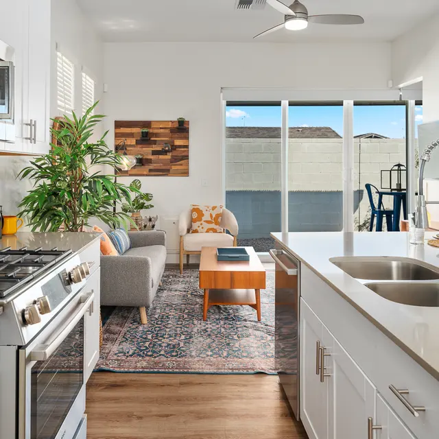 Modern Open Floor Plan Kitchen and Living Room A modern kitchen and living room in an open floor plan, featuring white cabinetry and a gas stove. A large potted plant is visible, and the living area includes a gray sofa, a wooden coffee table, and textured rugs. Large windows allow natural light in, with views of a patio.