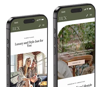 Luxury Apartment Website Screens Two smartphones displaying the LUX website featuring luxury apartment offerings and community amenities.