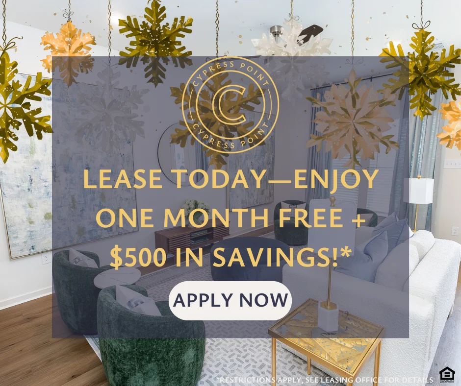 Express Point Leasing Promotion Promotional advertisement for Express Point apartments featuring a decorated living room and holiday-themed elements.