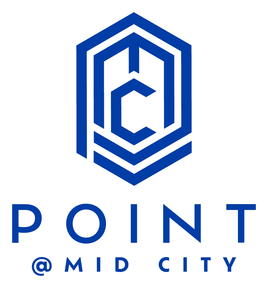 Logo for Point at Mid City, featuring geometric shapes and the name in a modern font.