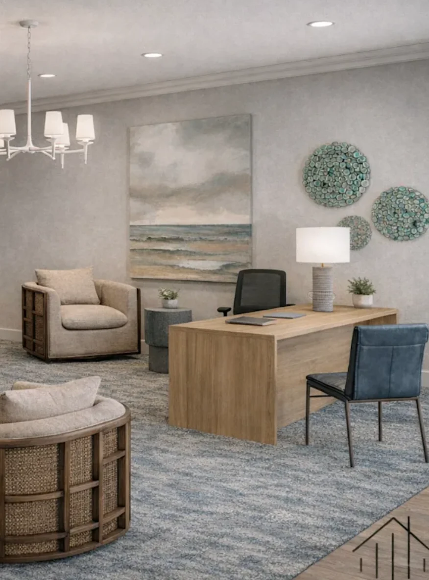 Modern Community Lounge A modern community lounge or office space featuring a desk, chairs, and decorative wall art.