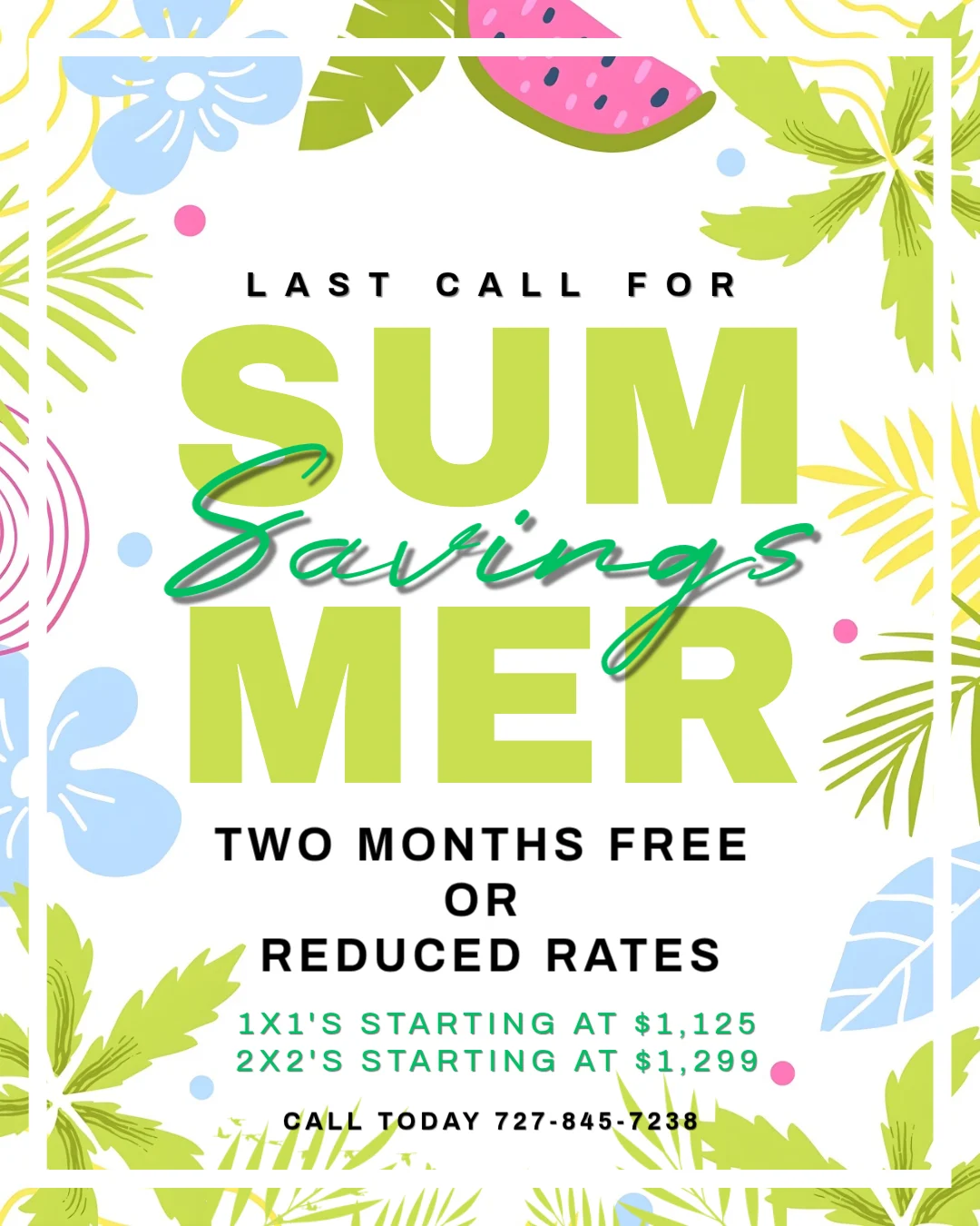 Promotional flyer for summer apartment savings featuring tropical designs.