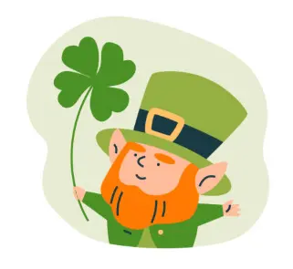 A cheerful leprechaun character holding a four-leaf clover, wearing a green hat and coat with a beard, and a friendly smile.