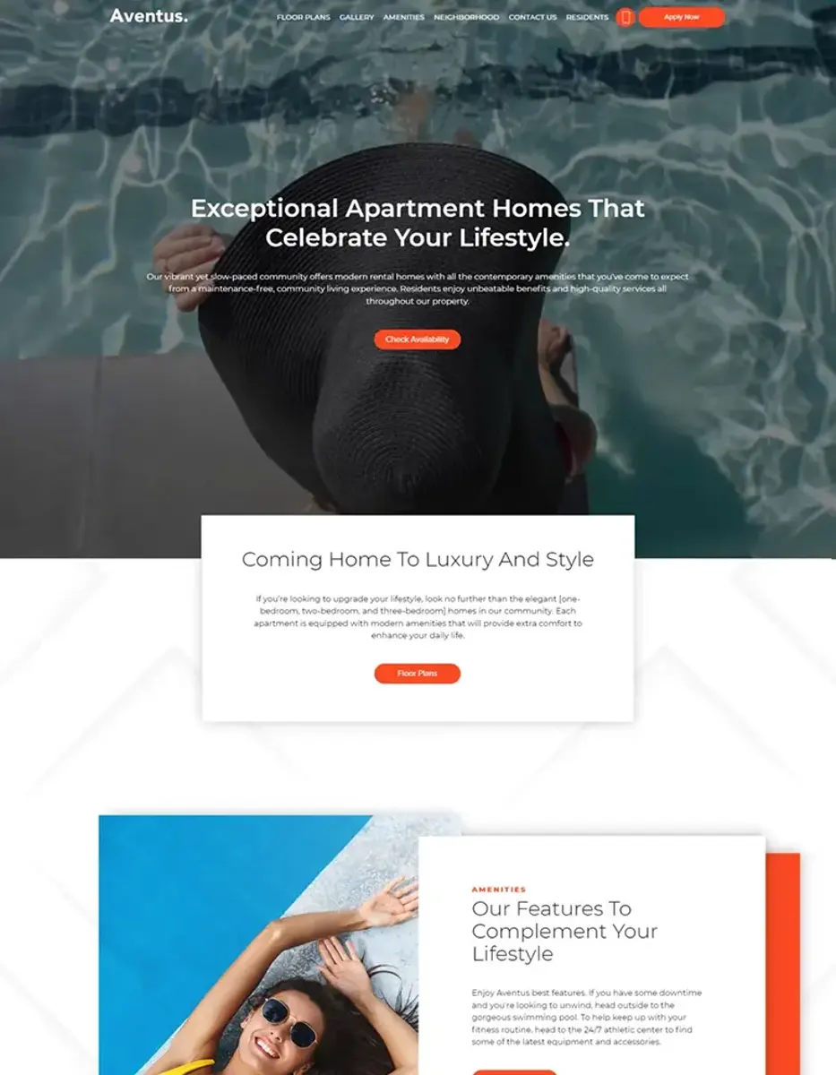 Luxury Apartment Homes Website A modern website layout featuring a swimming pool and a relaxing woman in sunglasses, promoting luxury apartment living.