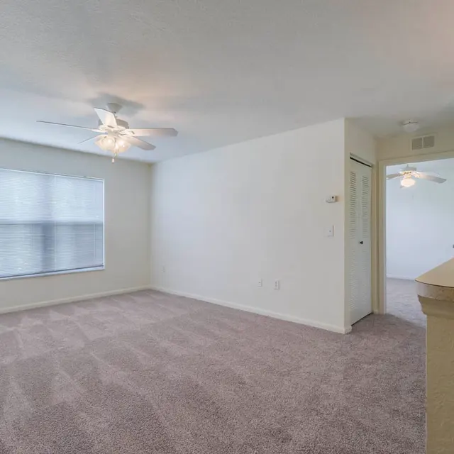 A spacious living room with light-colored walls and plush carpeting, featuring a ceiling fan and large window with blinds. There is an open doorway leading to another room.