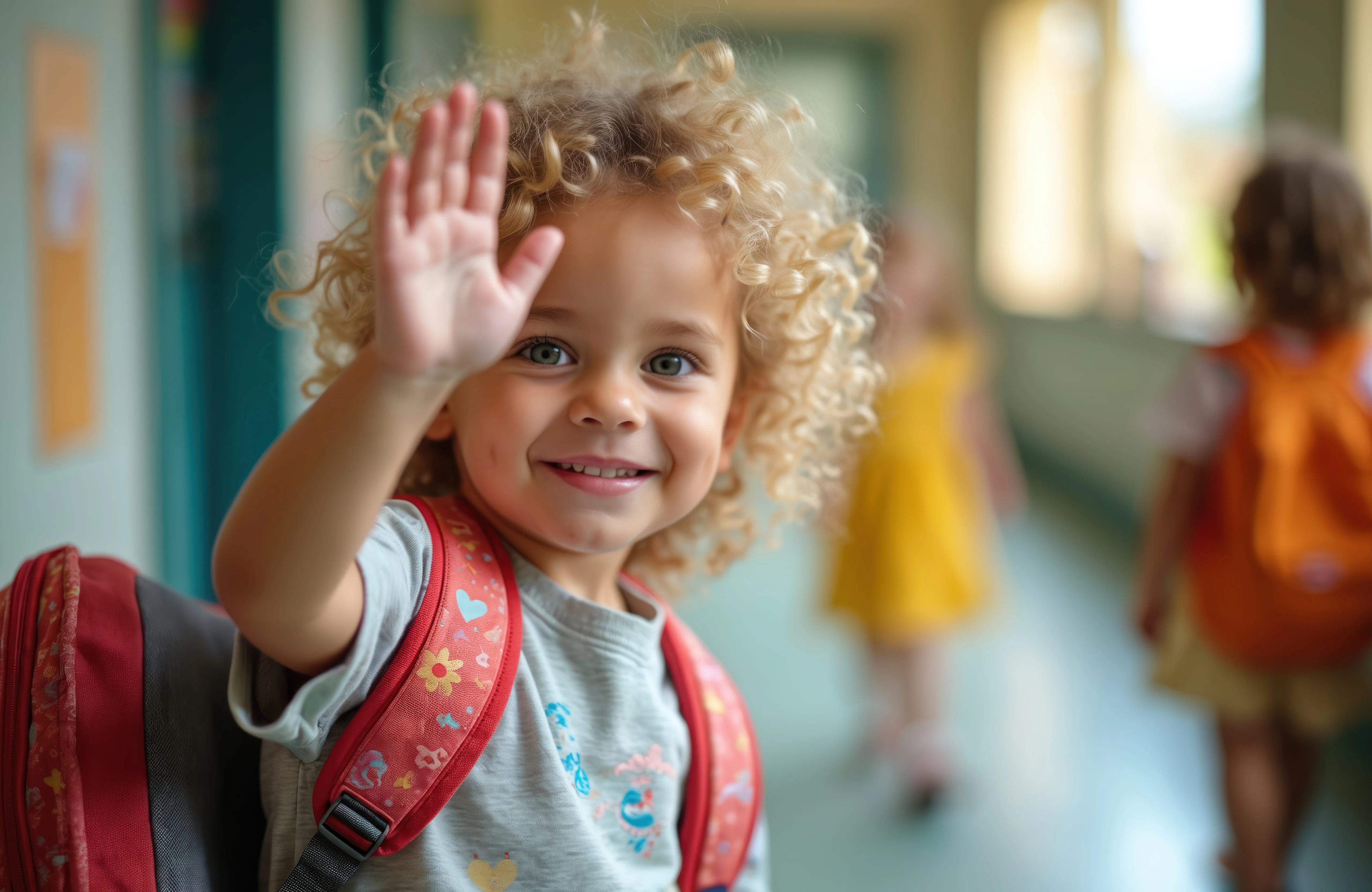 A young child with curly hair waves happily while wearing a backpack in a school hallway. Other children in the background are slightly blurred.
