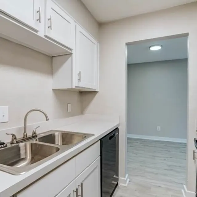 A modern kitchen featuring white cabinetry, stainless steel sink, and a black dishwasher and stove