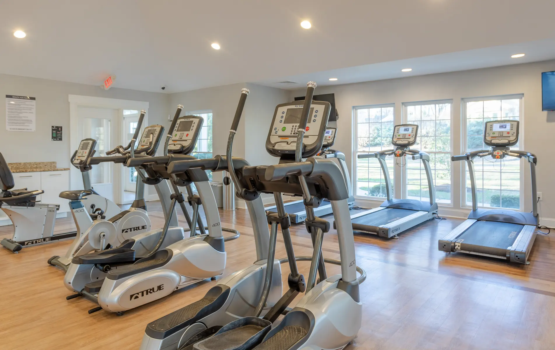 A modern gym interior featuring multiple elliptical machines and treadmills, with large windows providing natural light.